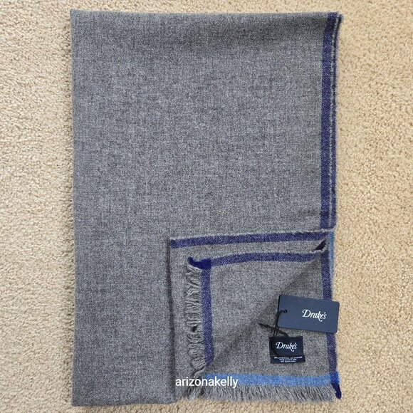 Drake's Accessories - NWT Drake's Wool Cashmere Scarf Grey with Blue Border
